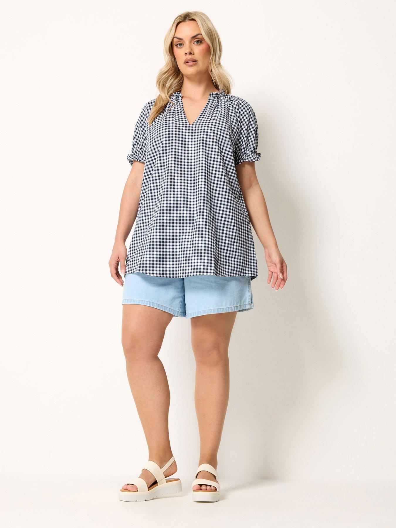 Image 3 of 4 of Yours Curve Gingham Notch Neck Blouse - Blue