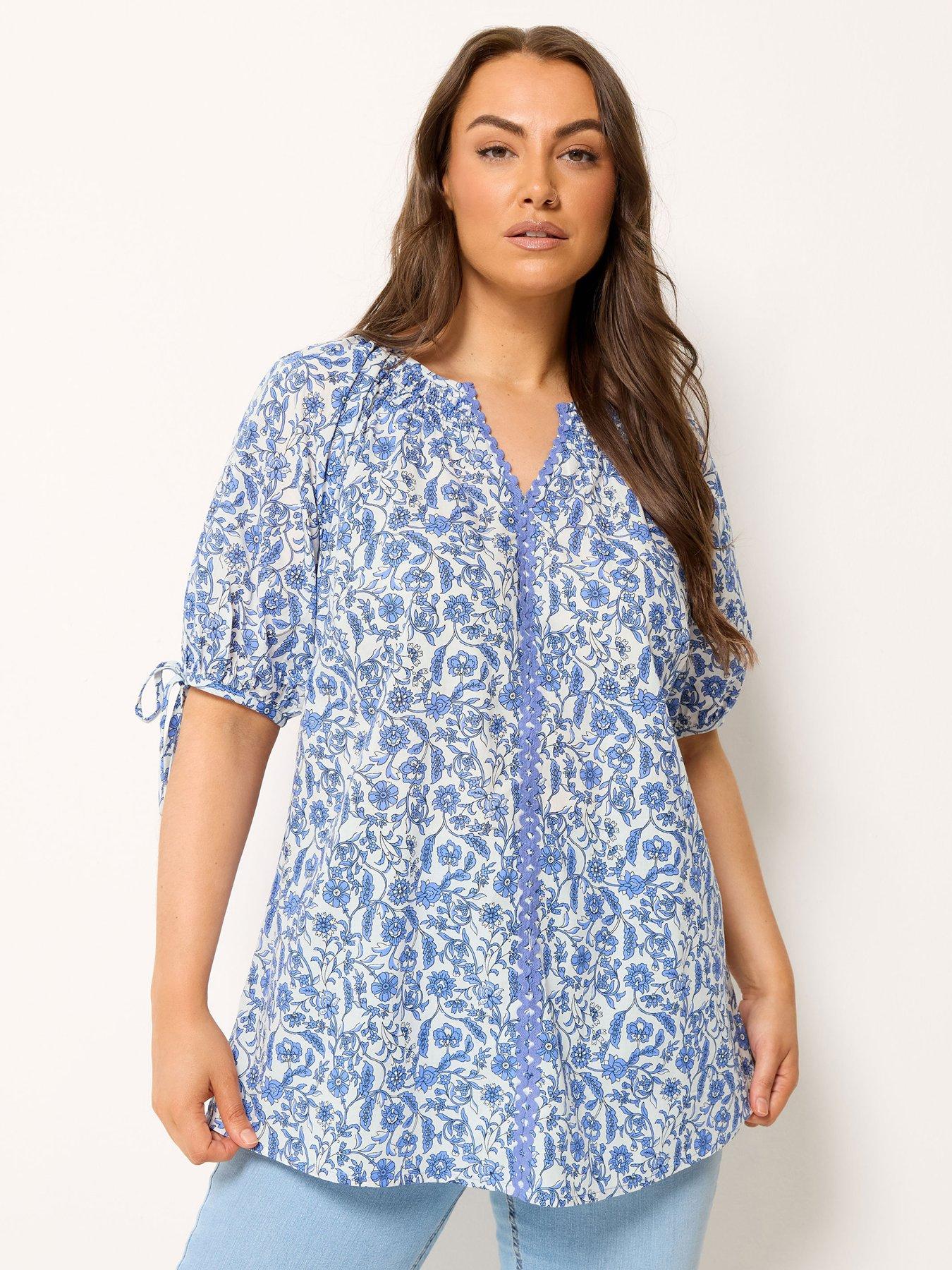 Yours Curve Floral Contrast Trim Blouse - Blue
