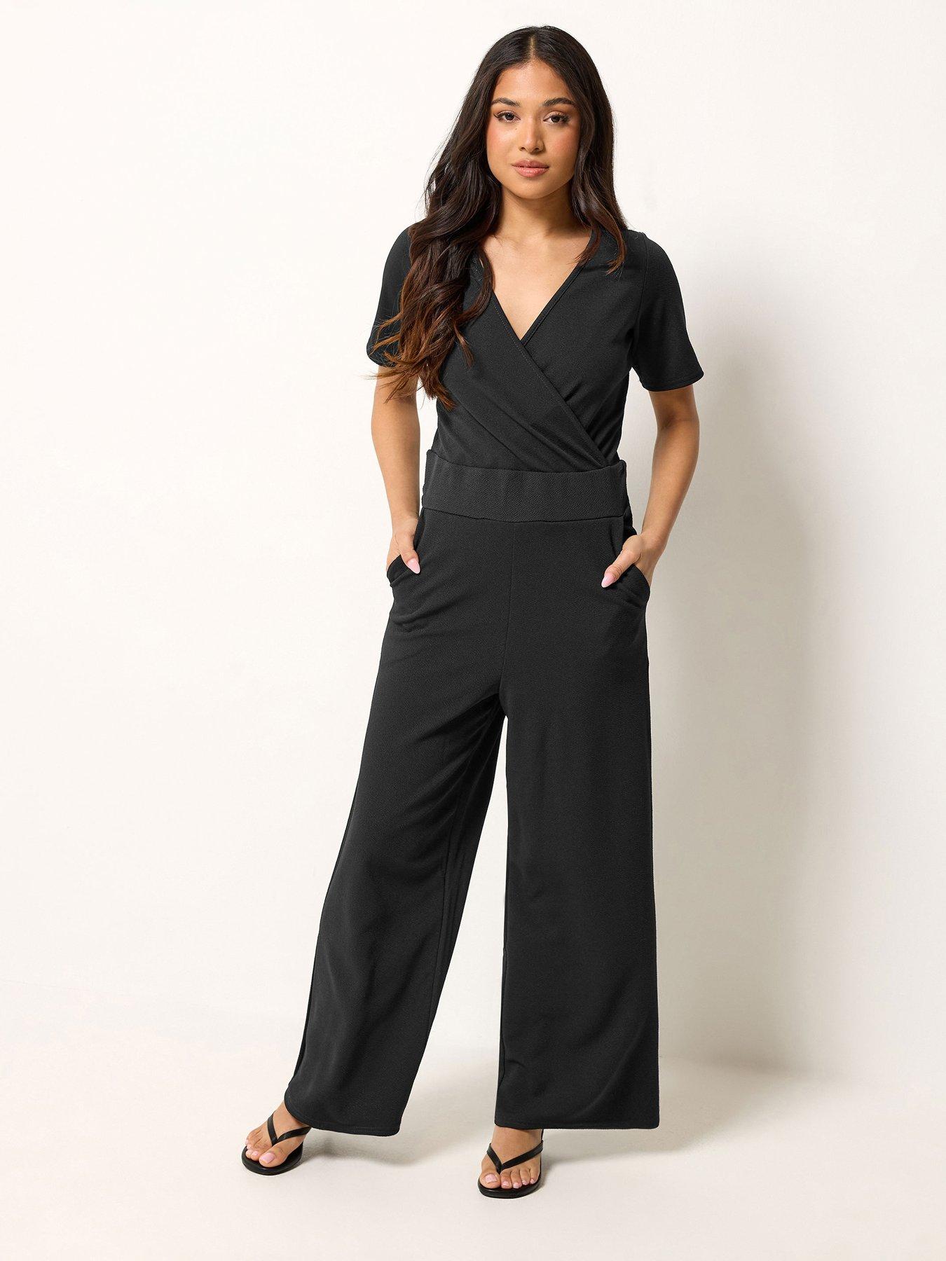 PixieGirl Petite Short Sleeve Wide Leg Jumpsuit - Black
