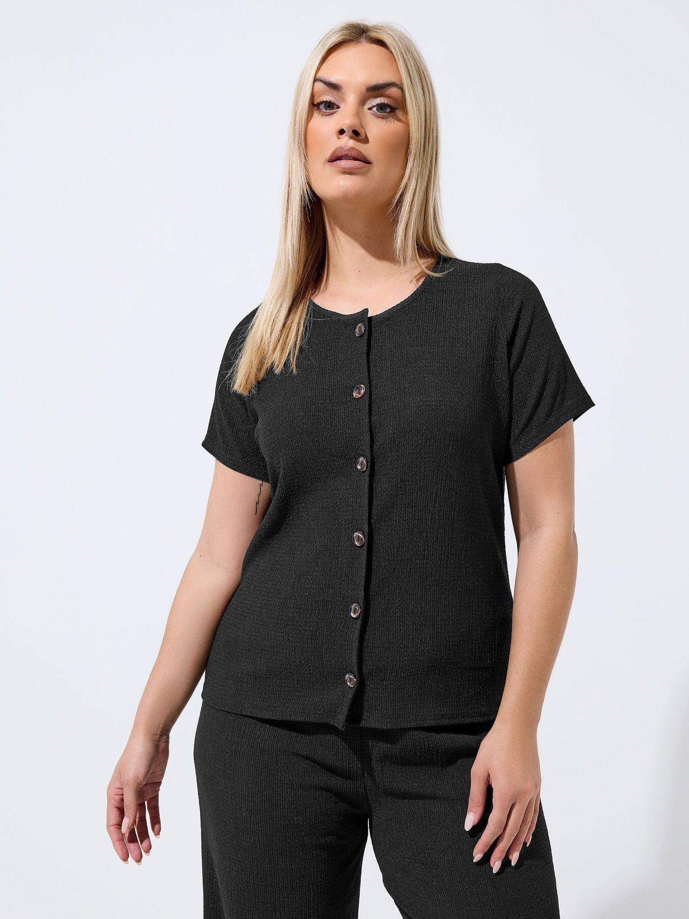 Yours Curve Short Sleeve Textured Button Top Co Ord - Black