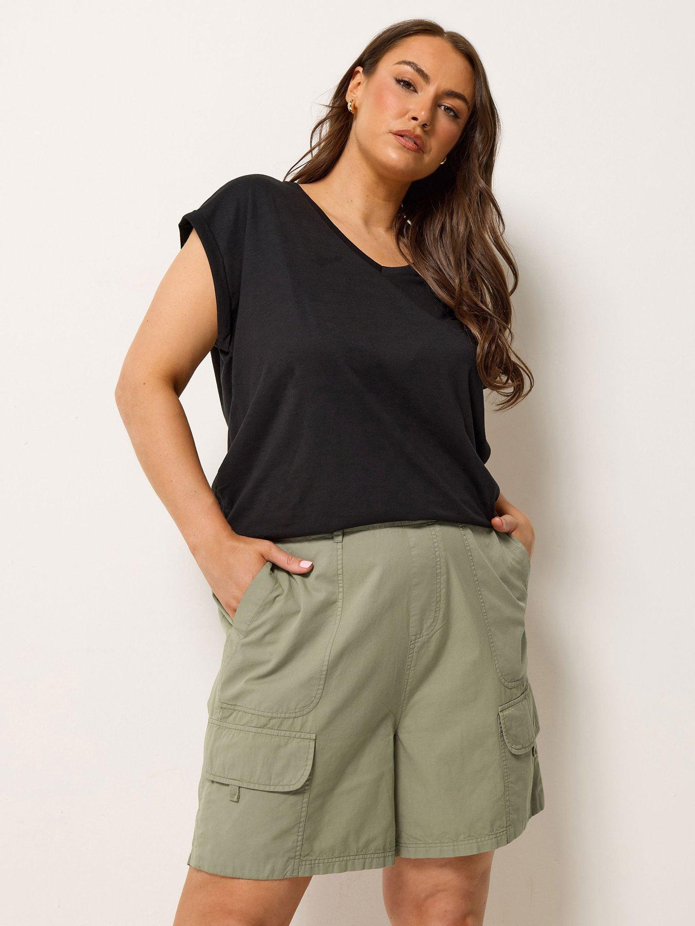 Yours Curve Poplin Cargo Shorts - Green