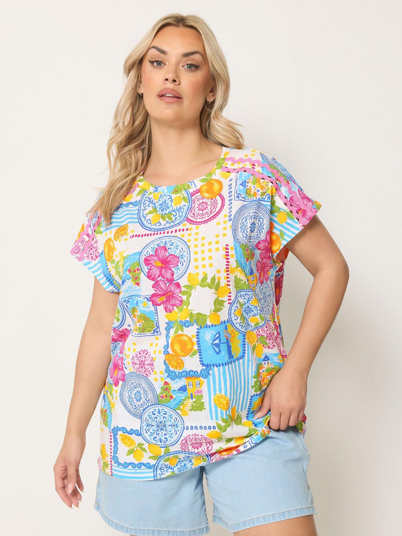Yours Curve Printed Ric Rac Insert T-Shirt - White