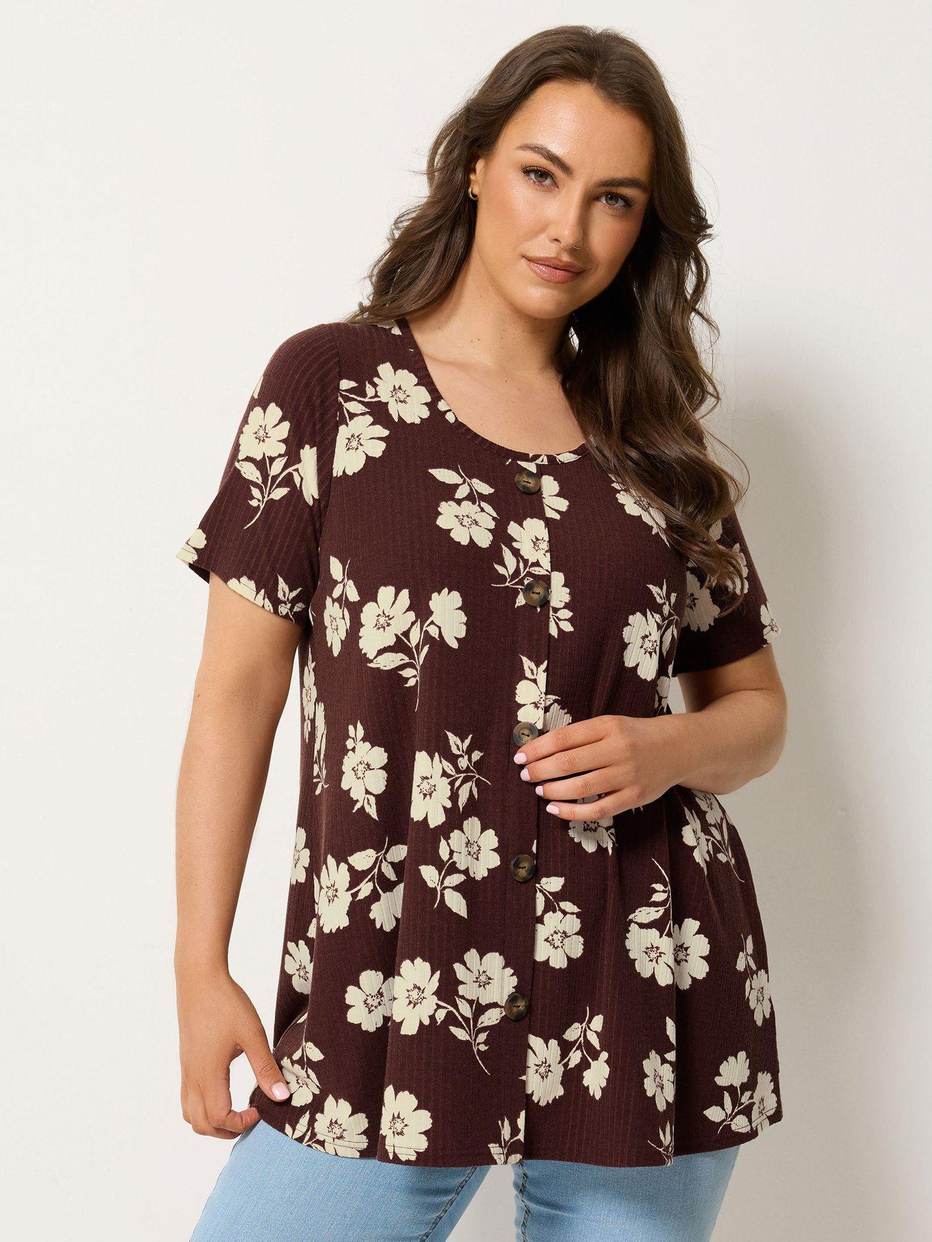 Image 1 of 4 of Yours Curve Printed Button Front Swing T-Shirt - Brown