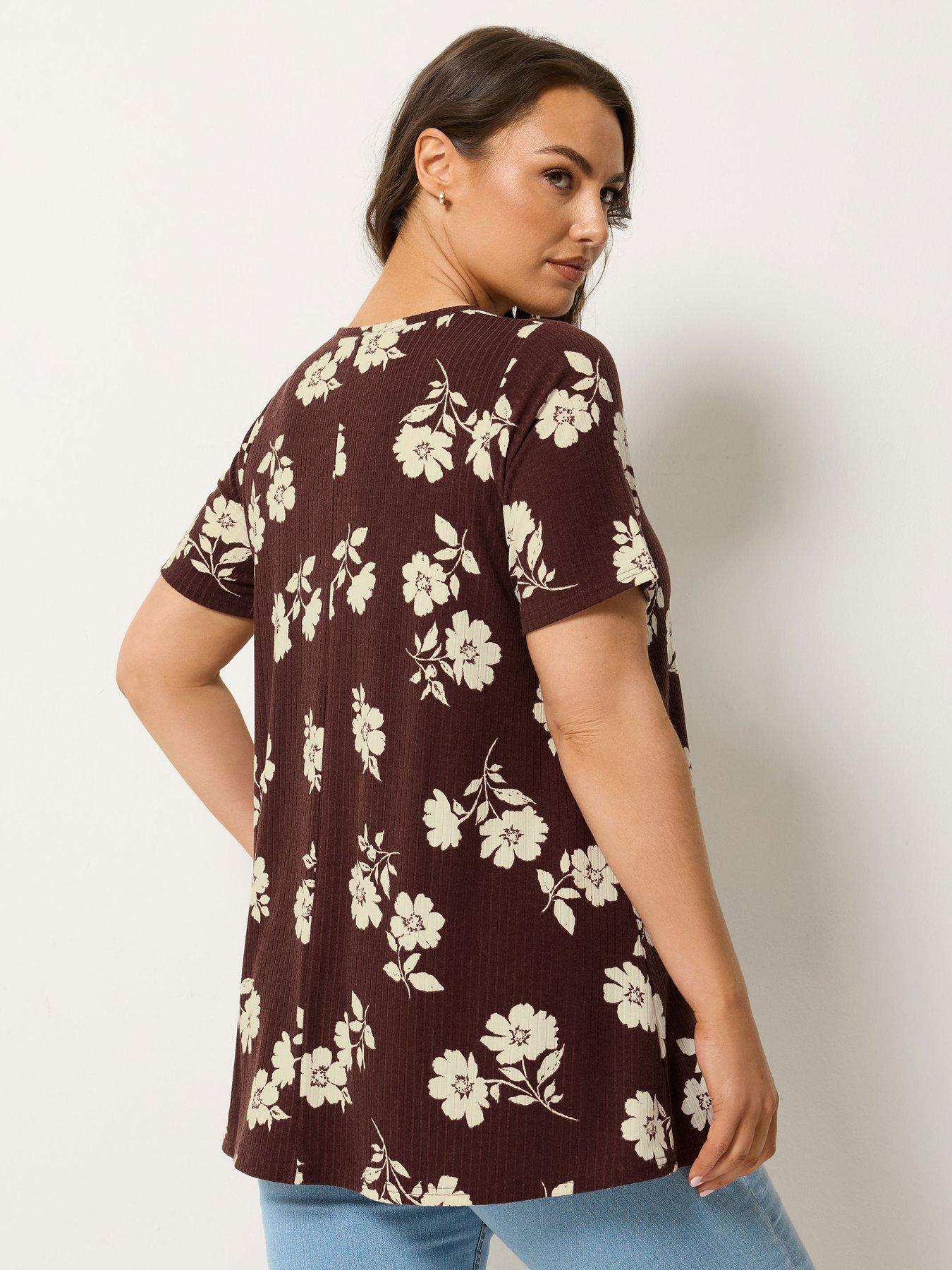 Image 2 of 4 of Yours Curve Printed Button Front Swing T-Shirt - Brown