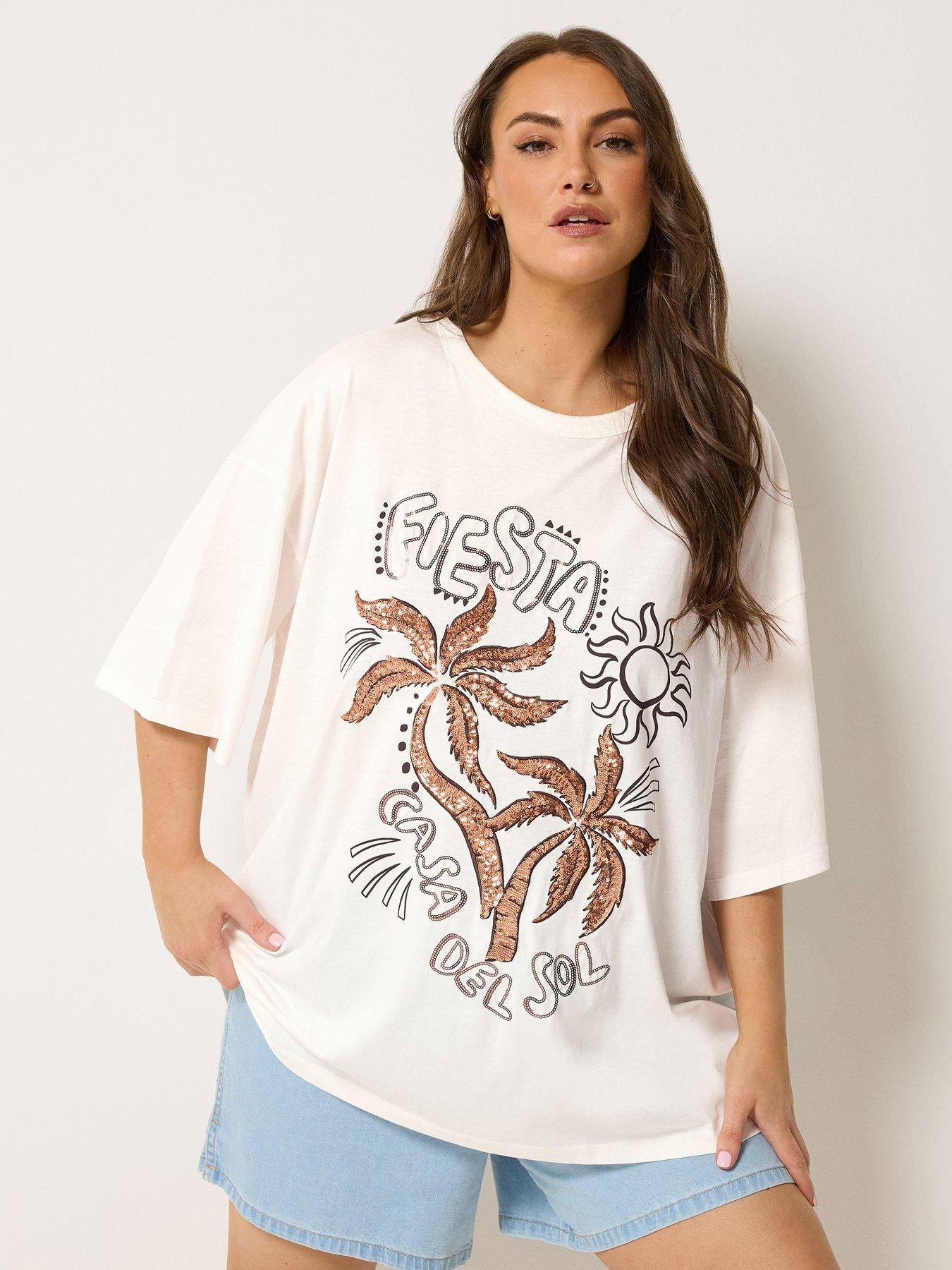 Yours Curve Placement Sequin Detail Boxy T-Shirt - Cream