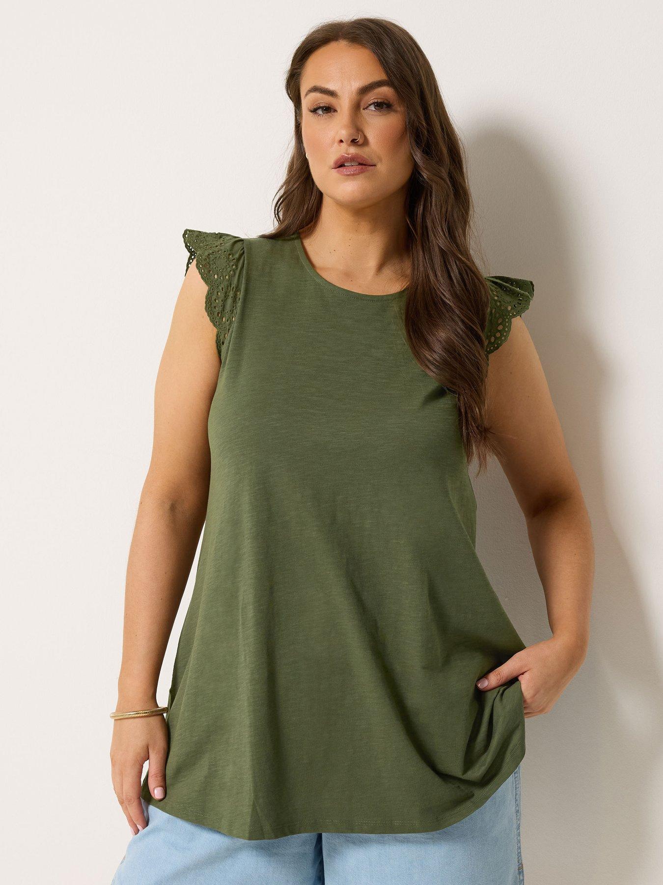 Yours Curve Broderie Frill Sleeve Vest - Green