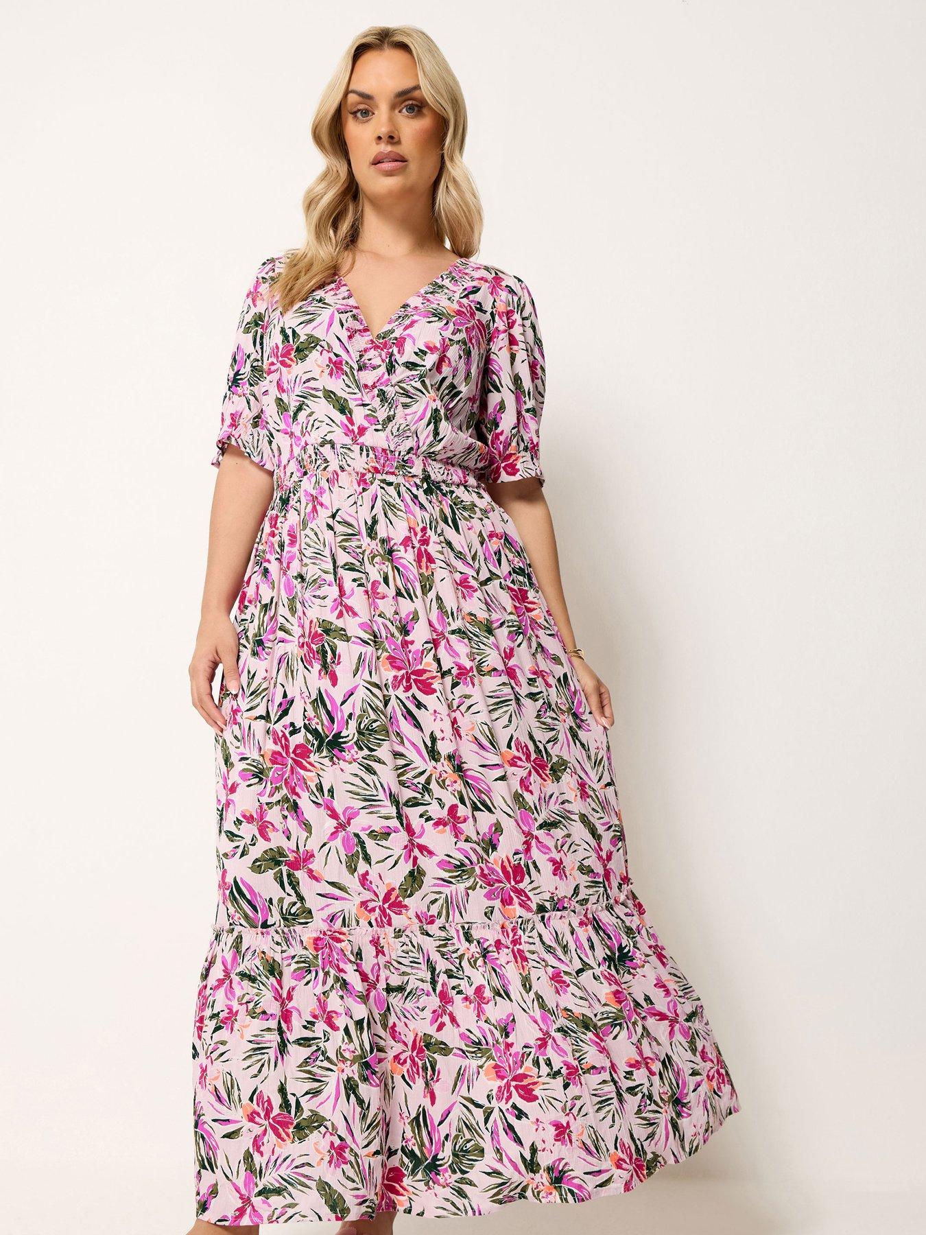 Yours Curve Shirred Neck Maxi Dress - Pink