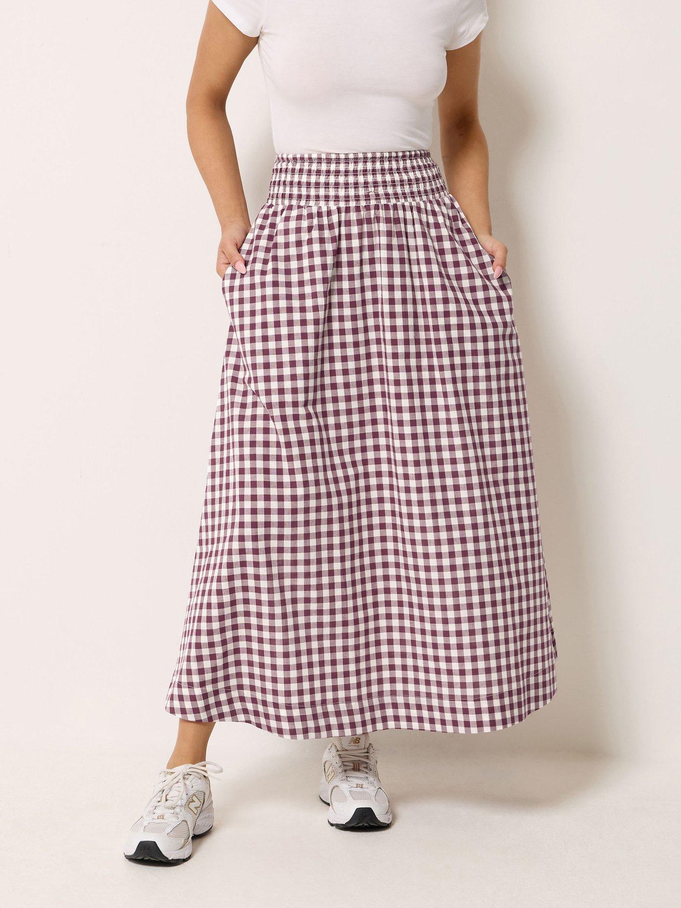 PixieGirl Petite Gingham Shirred Waist Midi Skirt - Red