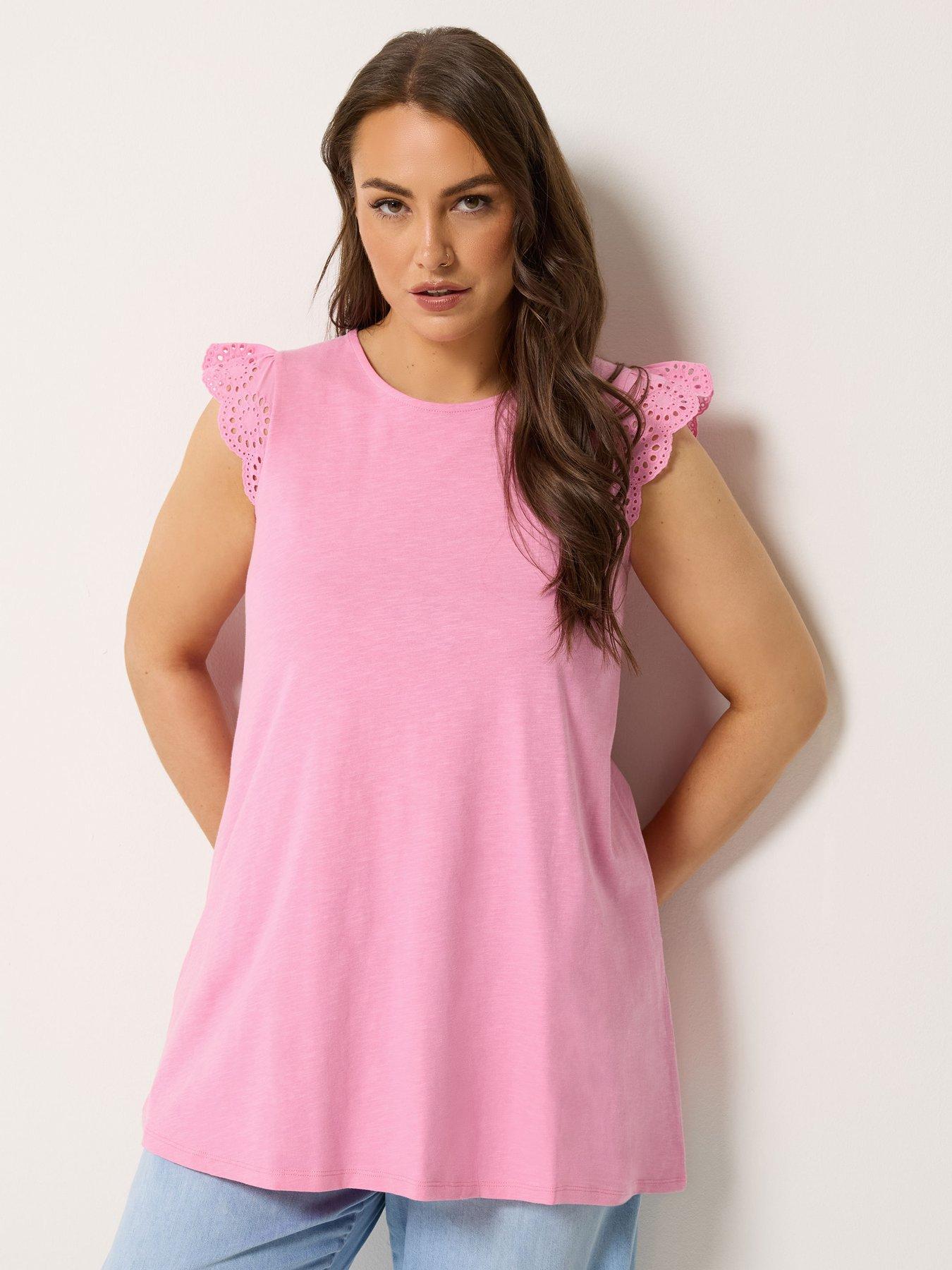 Yours Curve Broderie Frill Sleeve Vest - Pink