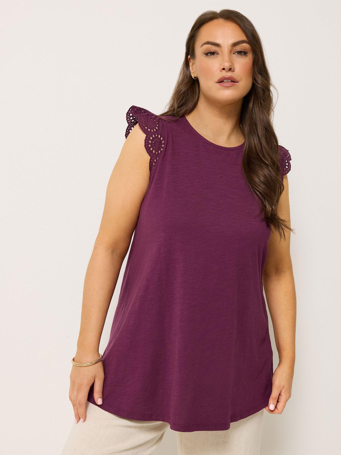 Yours Curve Broderie Frill Sleeve Vest - Purple