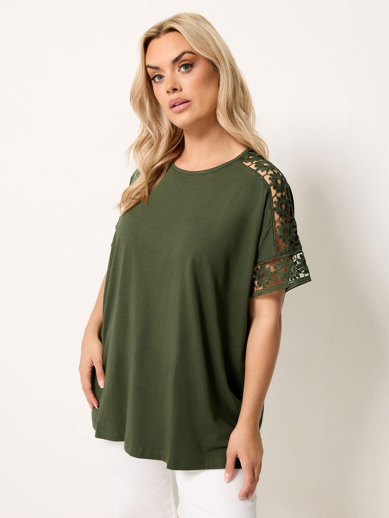 Yours Curve Boxy Crochet T-Shirt - Green