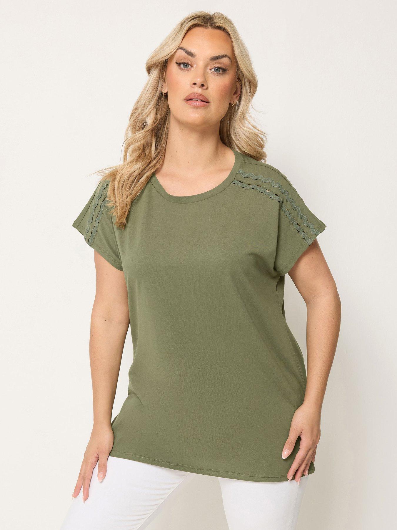 Yours Curve Ric Rac Insert T-Shirt - Green