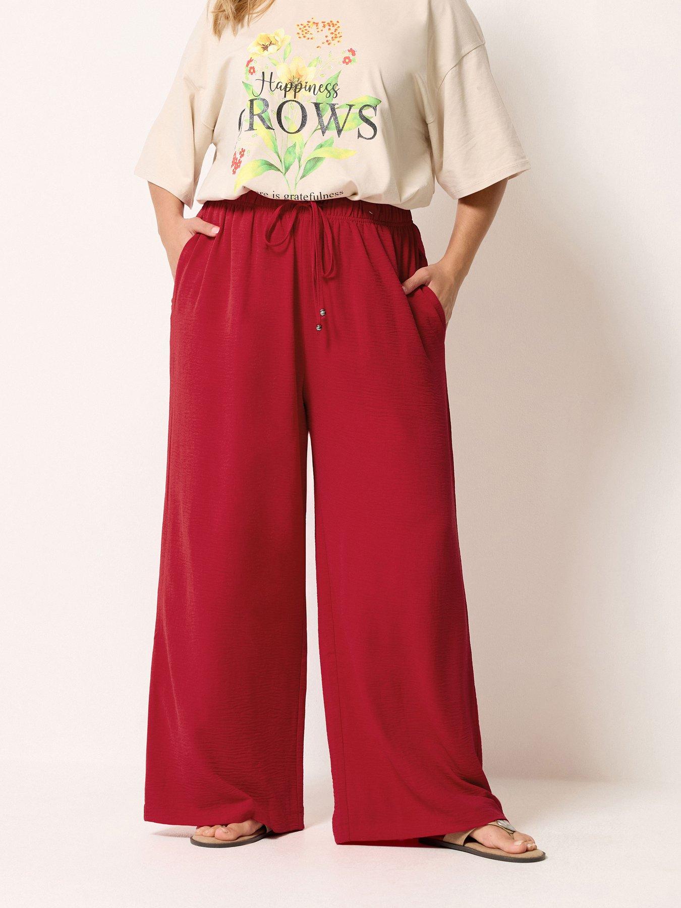 Yours Curve Washed Twill Wide Leg Trousers 30" - Red