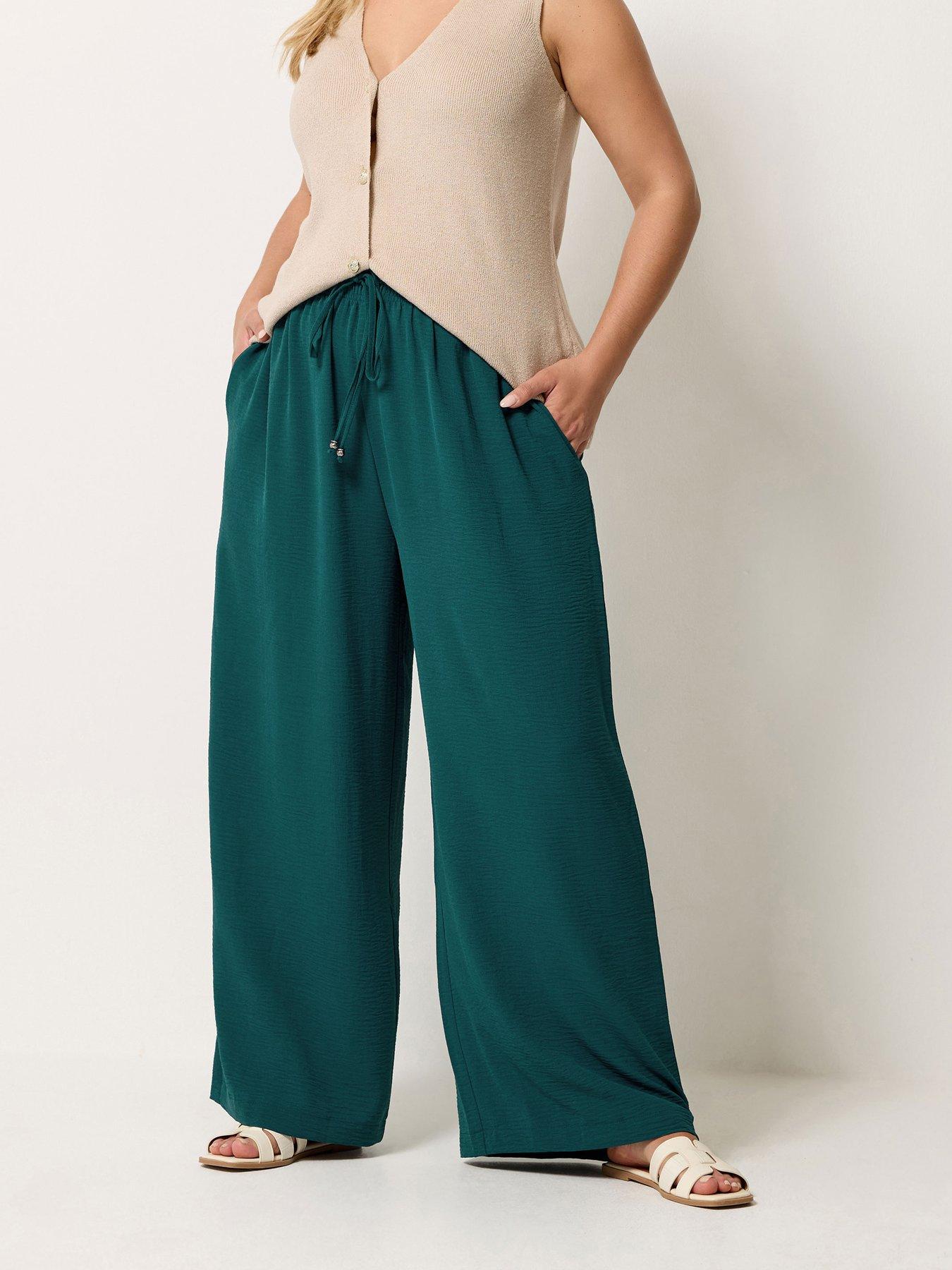 Yours Curve Washed Twill Wide Leg Trousers 28" - Green