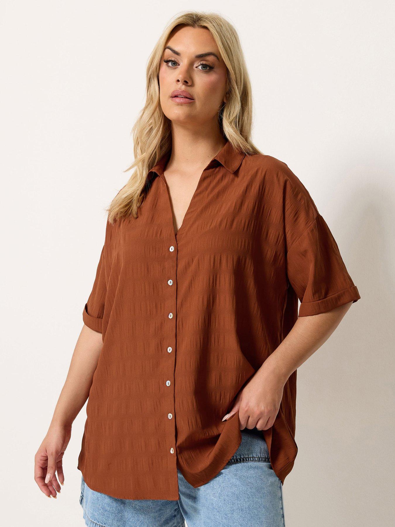 Image 1 of 4 of Yours Curve Textured Shirt - Brown
