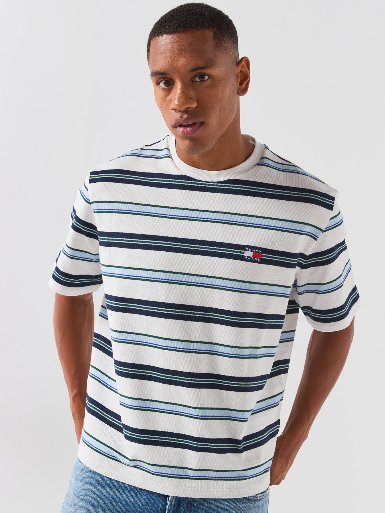 Tommy Jeans Men's 90s Striped Short Sleeve T-Shirt with Chest Logo - White