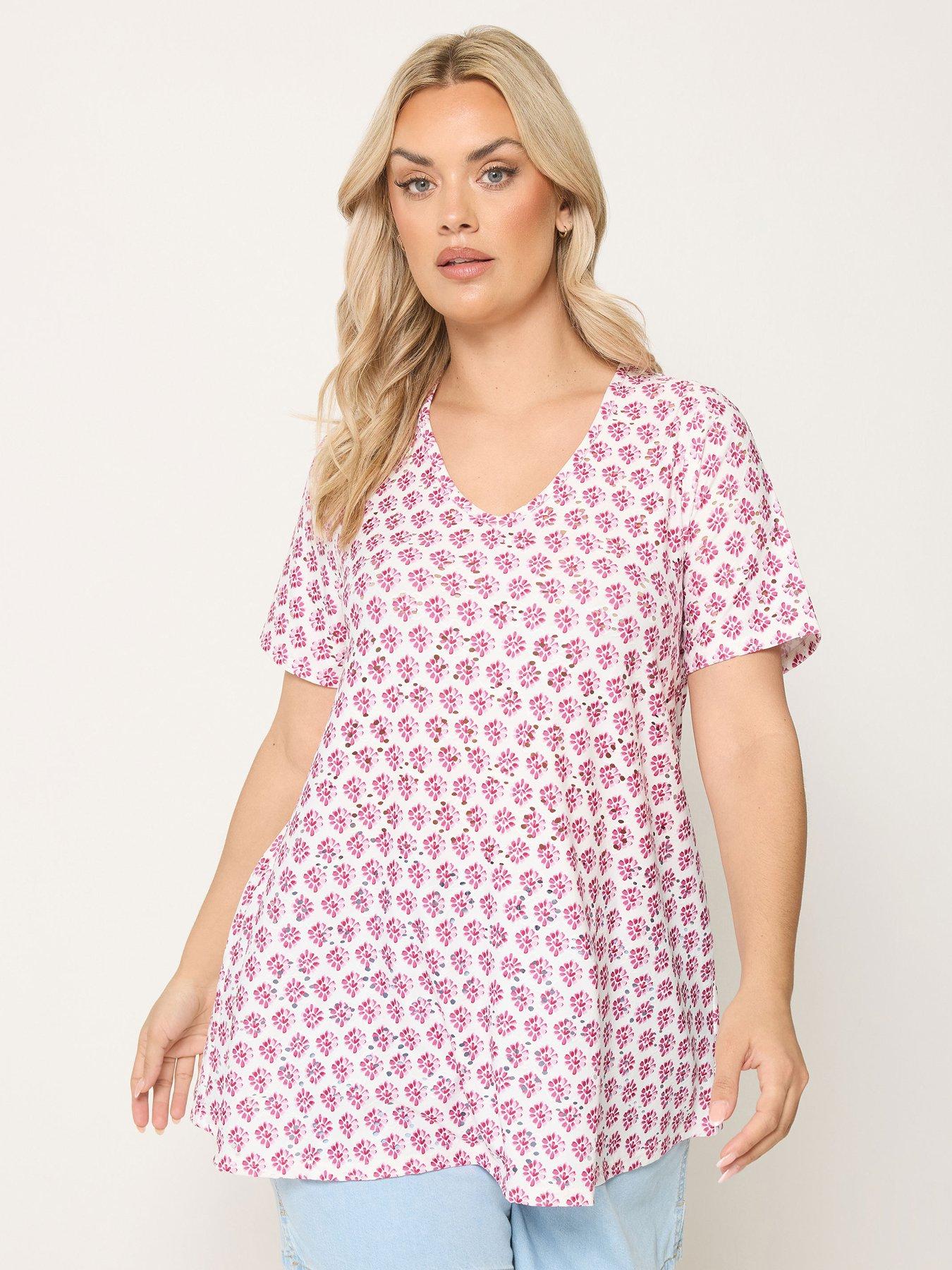 Yours Curve Printed Broderie V Neck T-Shirt - Pink