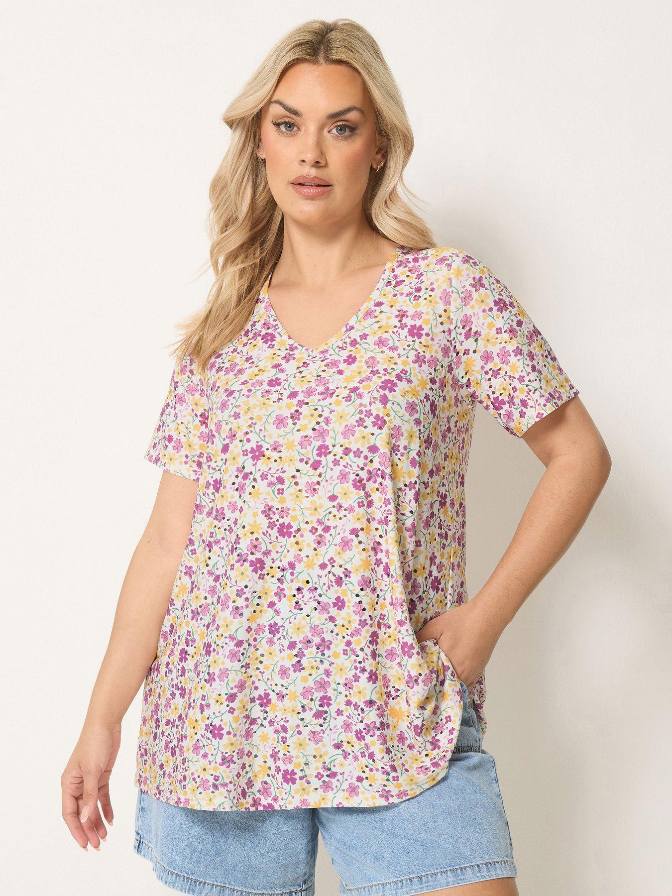 Yours Curve Printed Broderie V Neck T-Shirt - Purple