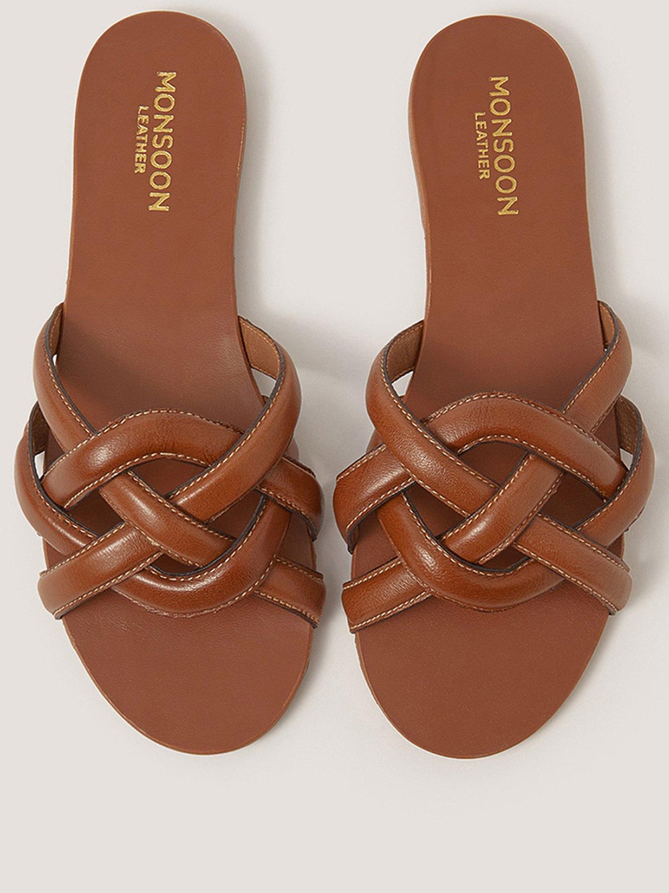 Image 2 of 3 of Monsoon Safi Plaited Leather Slider Sandals - Brown