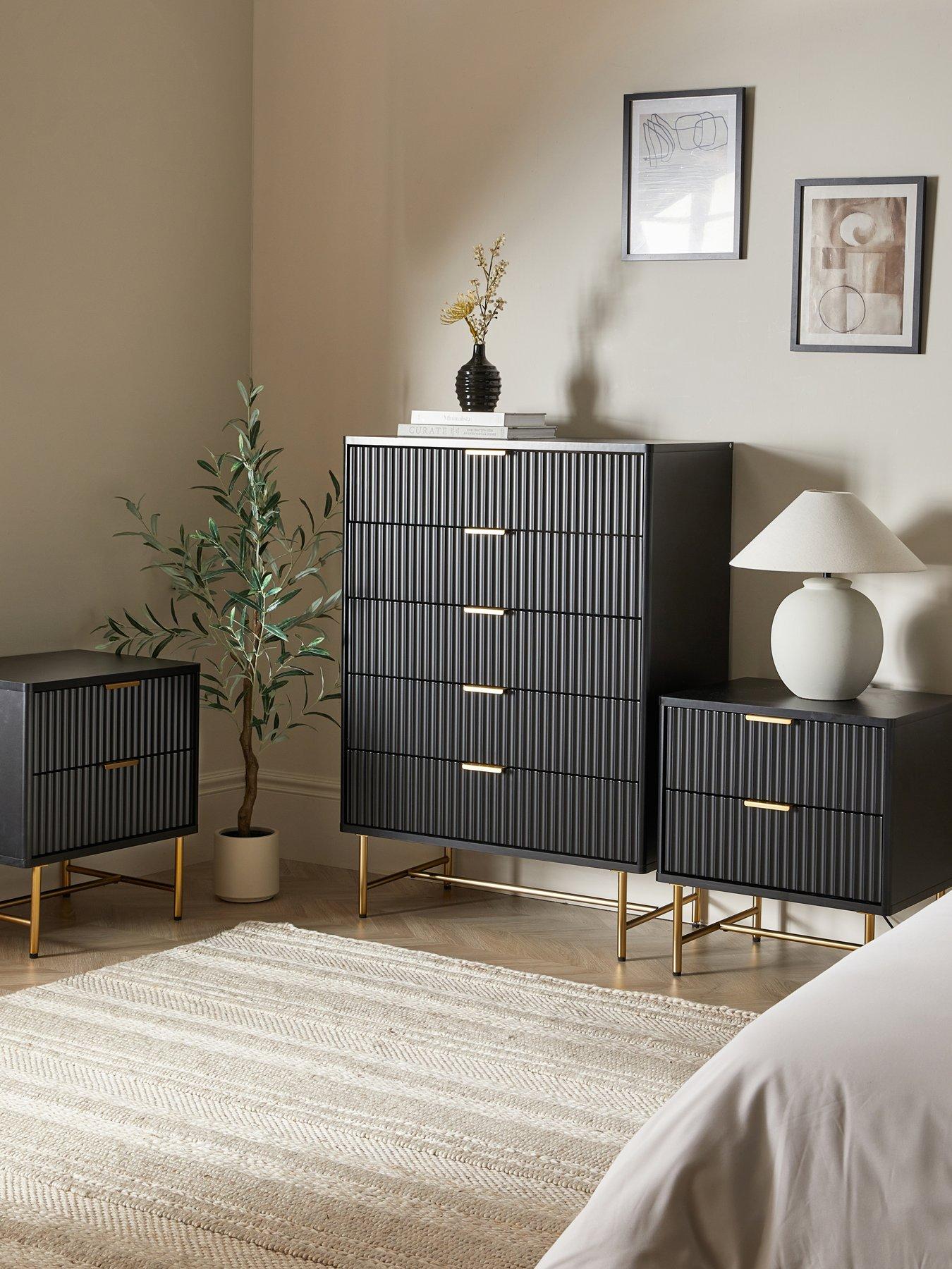 The Very Collection Cora 3 Piece Package - 5 Drawer Chest and Pair of 2 Drawer Bedside Chests - Black/Brass