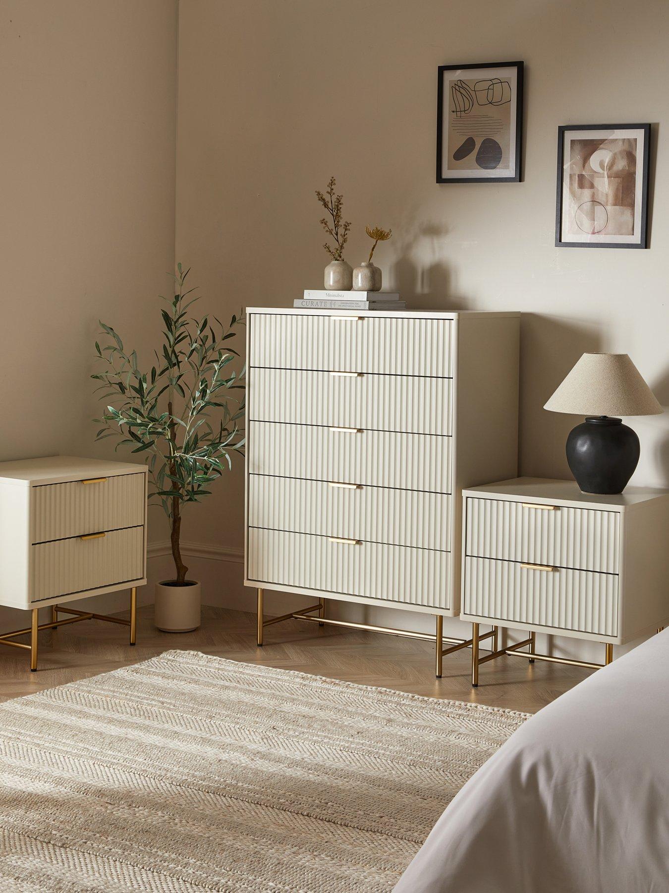 The Very Collection Cora 3 Piece Package - 5 Drawer Chest and Pair of 2 Drawer Bedside Chests - Ivory/Brass