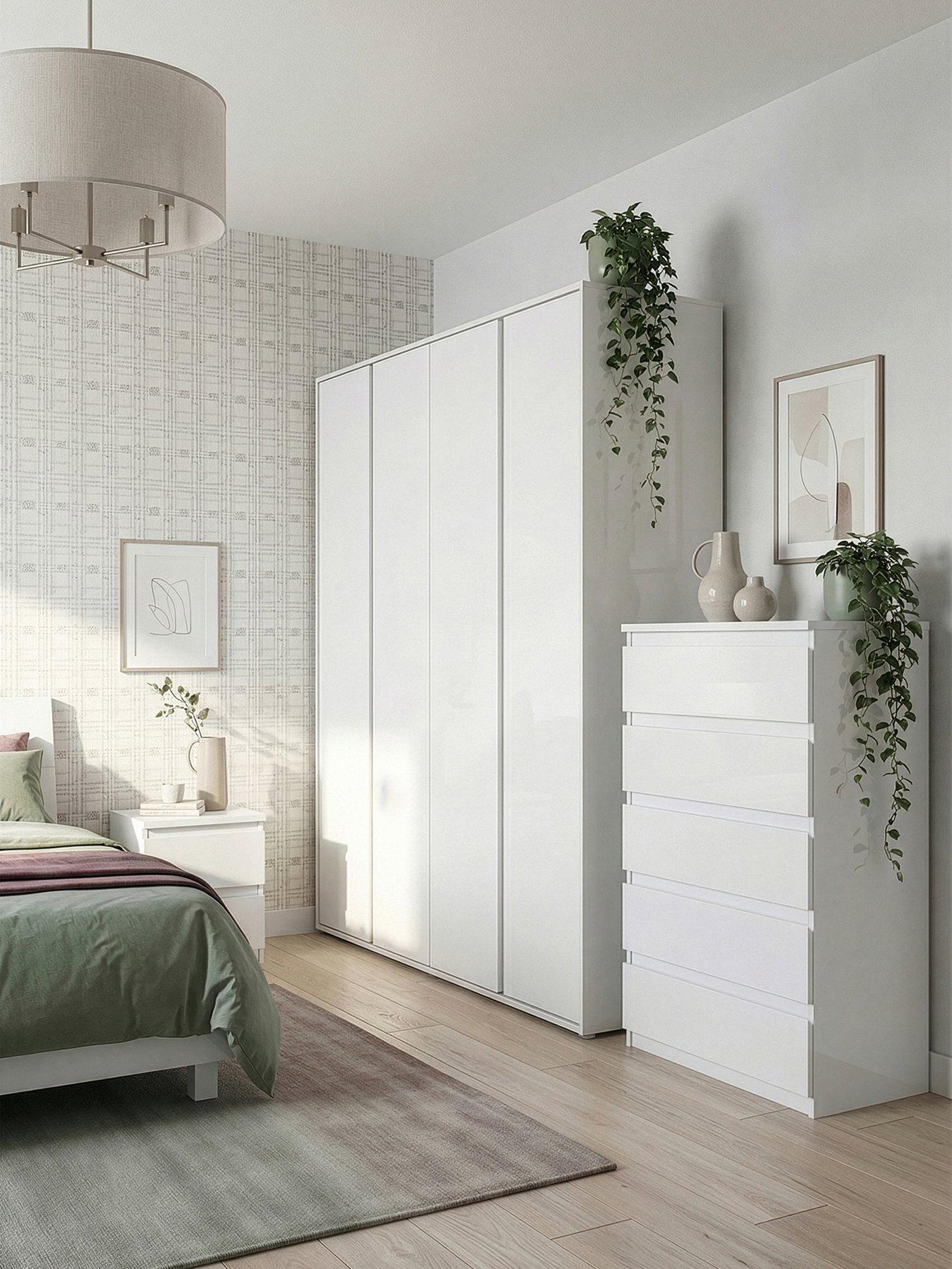 The Very Collection Layton Gloss 3 Piece Package - 4 Door Wardrobe, 5 Drawer Chest, 2 Drawer Bedside Chest - White Gloss