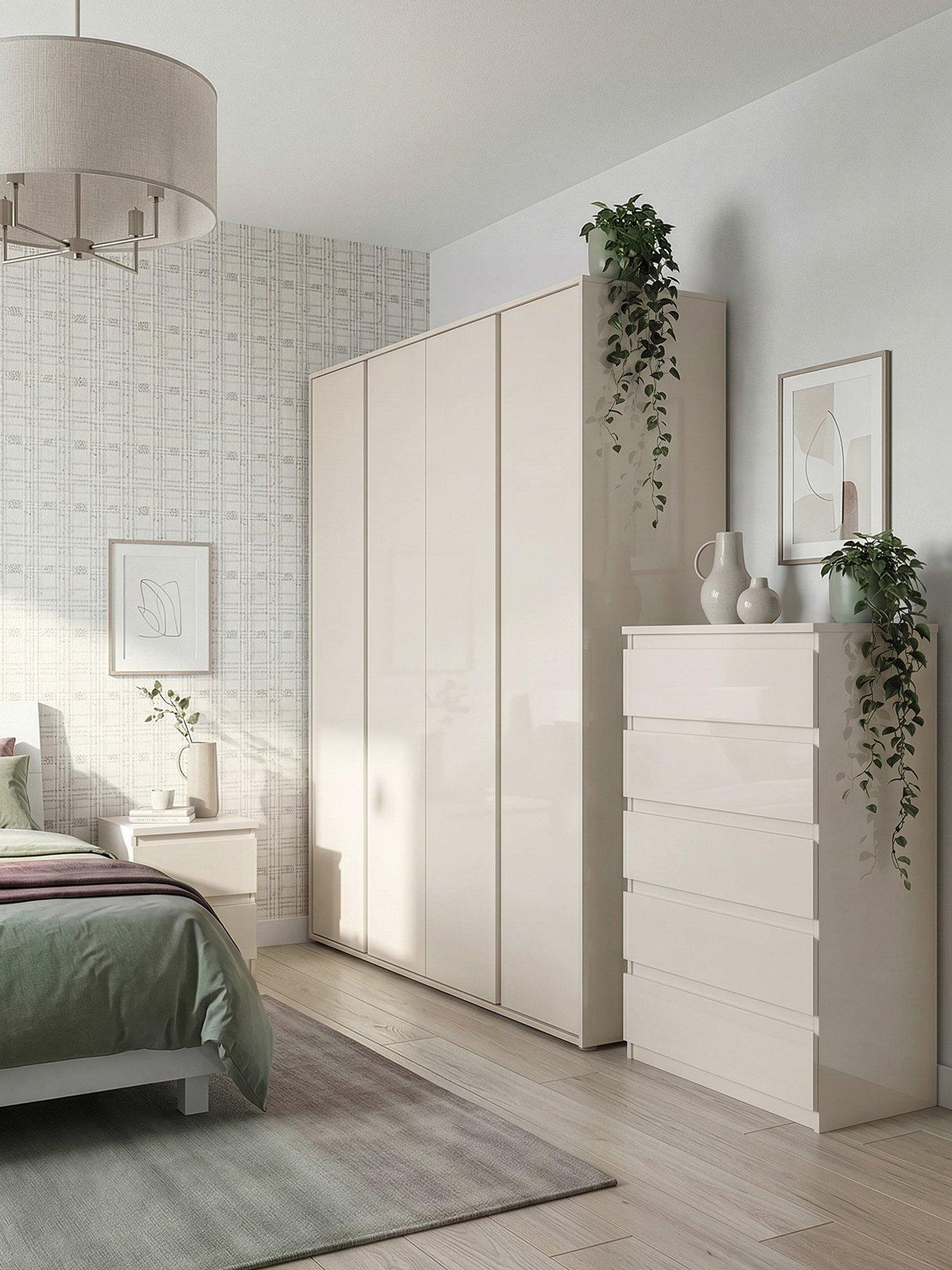 The Very Collection Layton Gloss 3 Piece Package - 4 Door Wardrobe, 5 Drawer Chest, 2 Drawer Bedside Chest - Oatmeal Gloss
