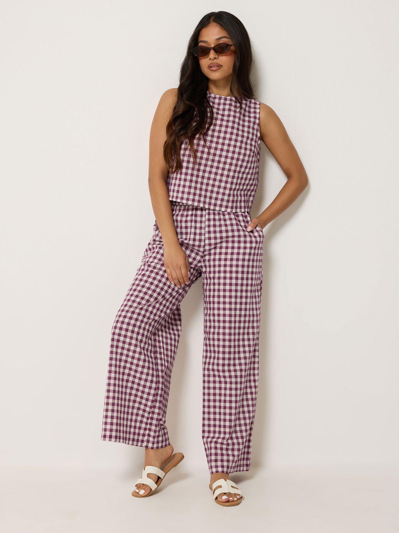 PixieGirl Petite Gingham Top  &  Wide Leg Trouser Set - Red