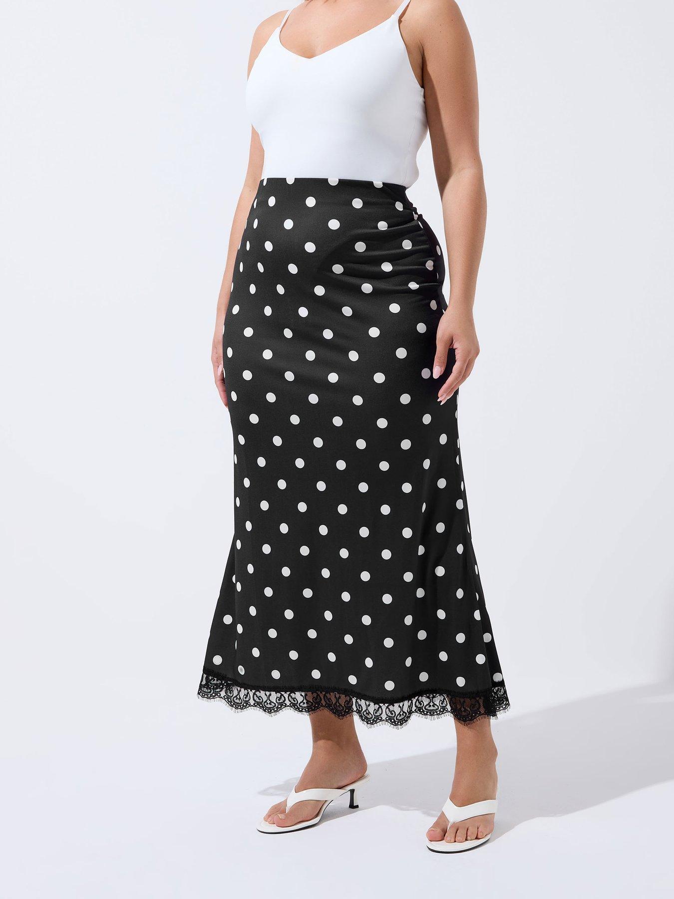 Yours Curve Polka Dot Lace Hem Maxi Skirt - Black