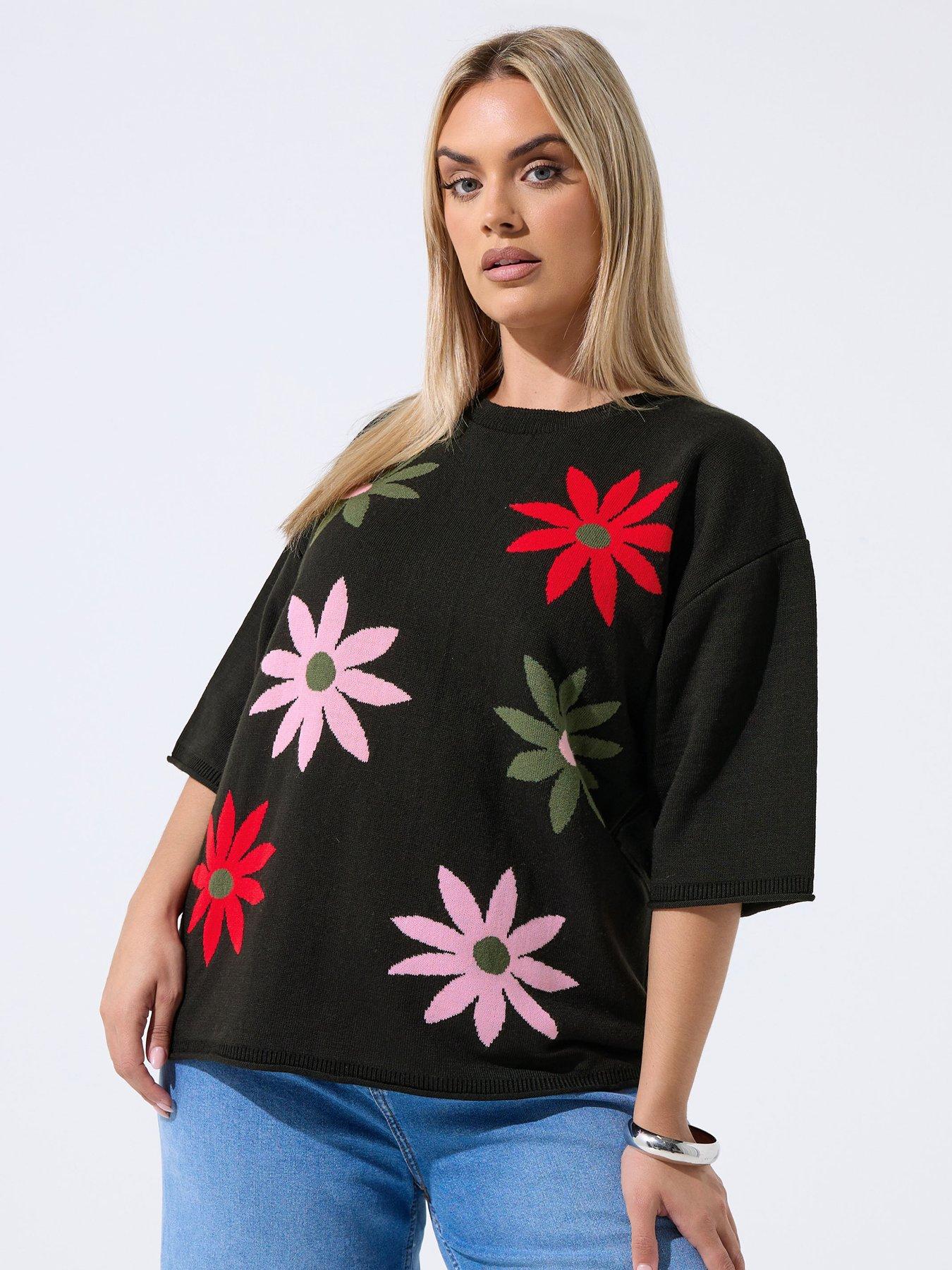 Yours Curve Floral Knit Boxy Top - Black