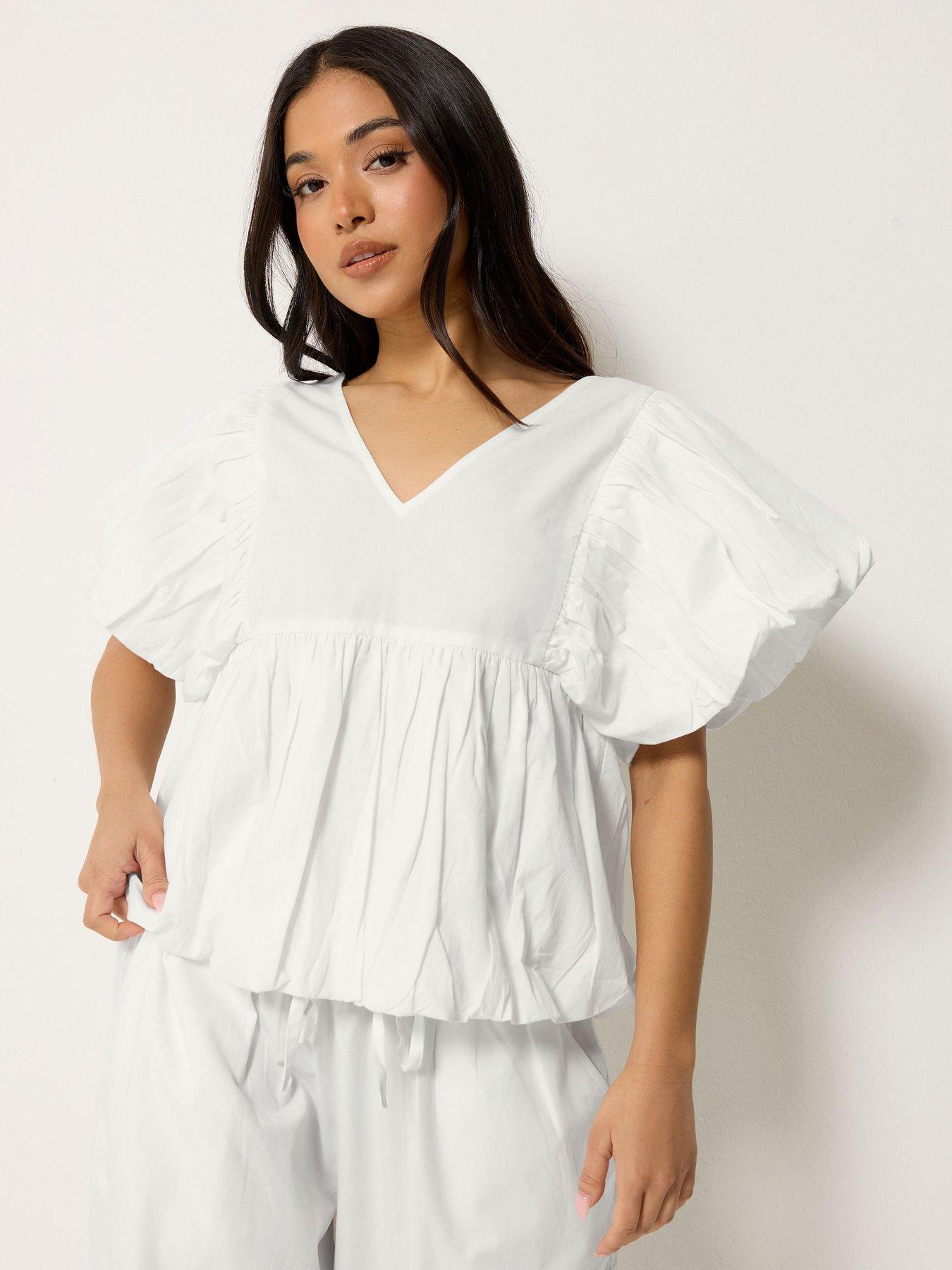 PixieGirl Petite Puff Sleeve Hem Top - White