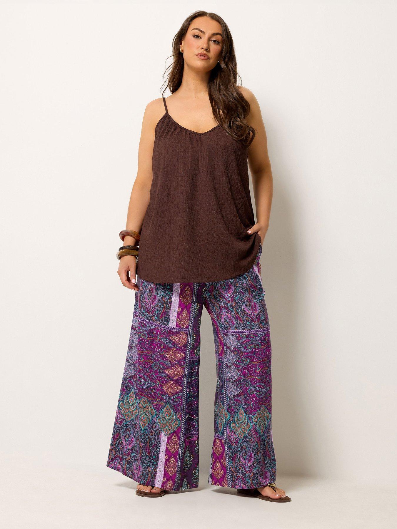 Yours Curve Shirred Waist Paisley Print Wide Leg Trousers 28" - Blue
