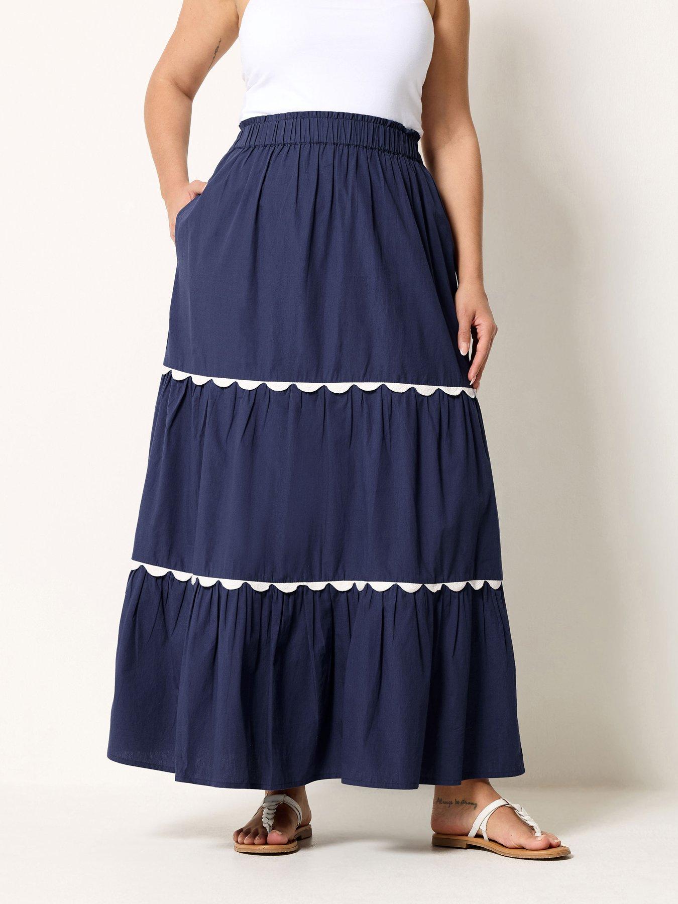 Yours Curve Ric Rac Trim Maxi Skirt - Blue
