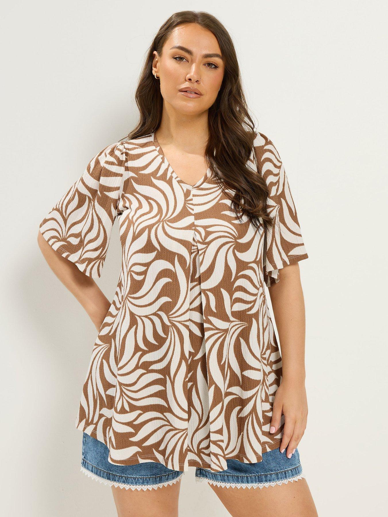 Yours Curve Abstract Print Pleat Front T-Shirt - Natural Brown