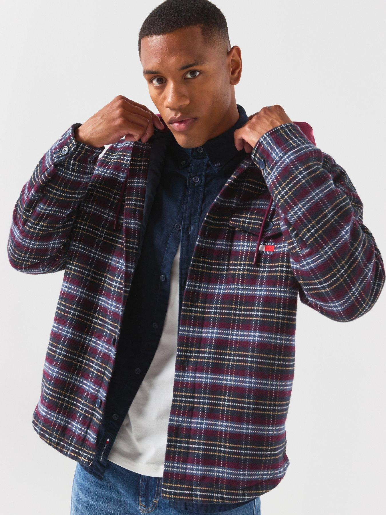 Tommy Jeans Dobby Oversized Drawstring Hooded Overshirt - Calypso Berry Check