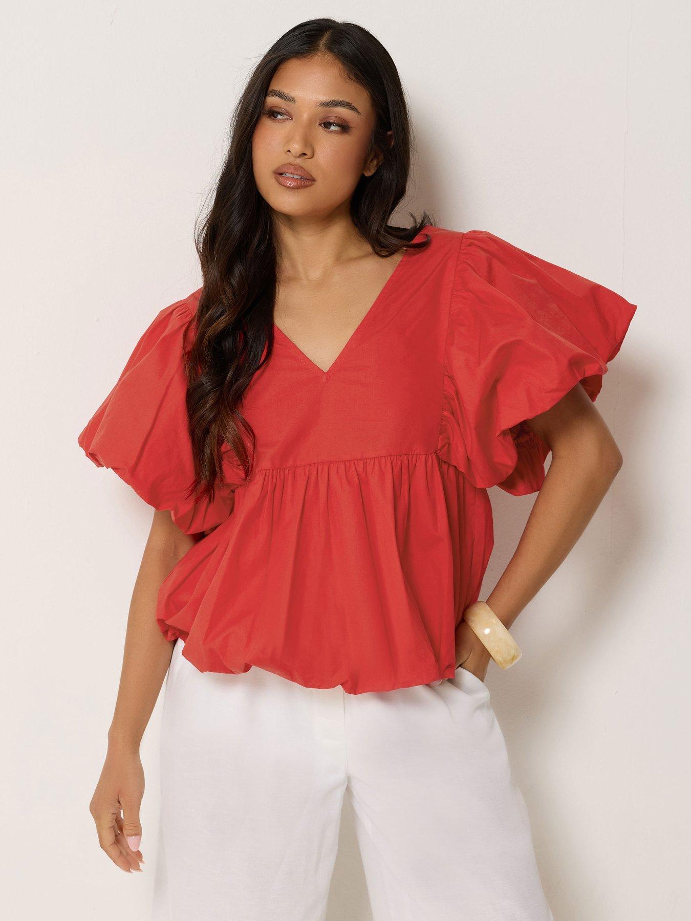 PixieGirl Petite Puff Sleeve Hem Top - Red