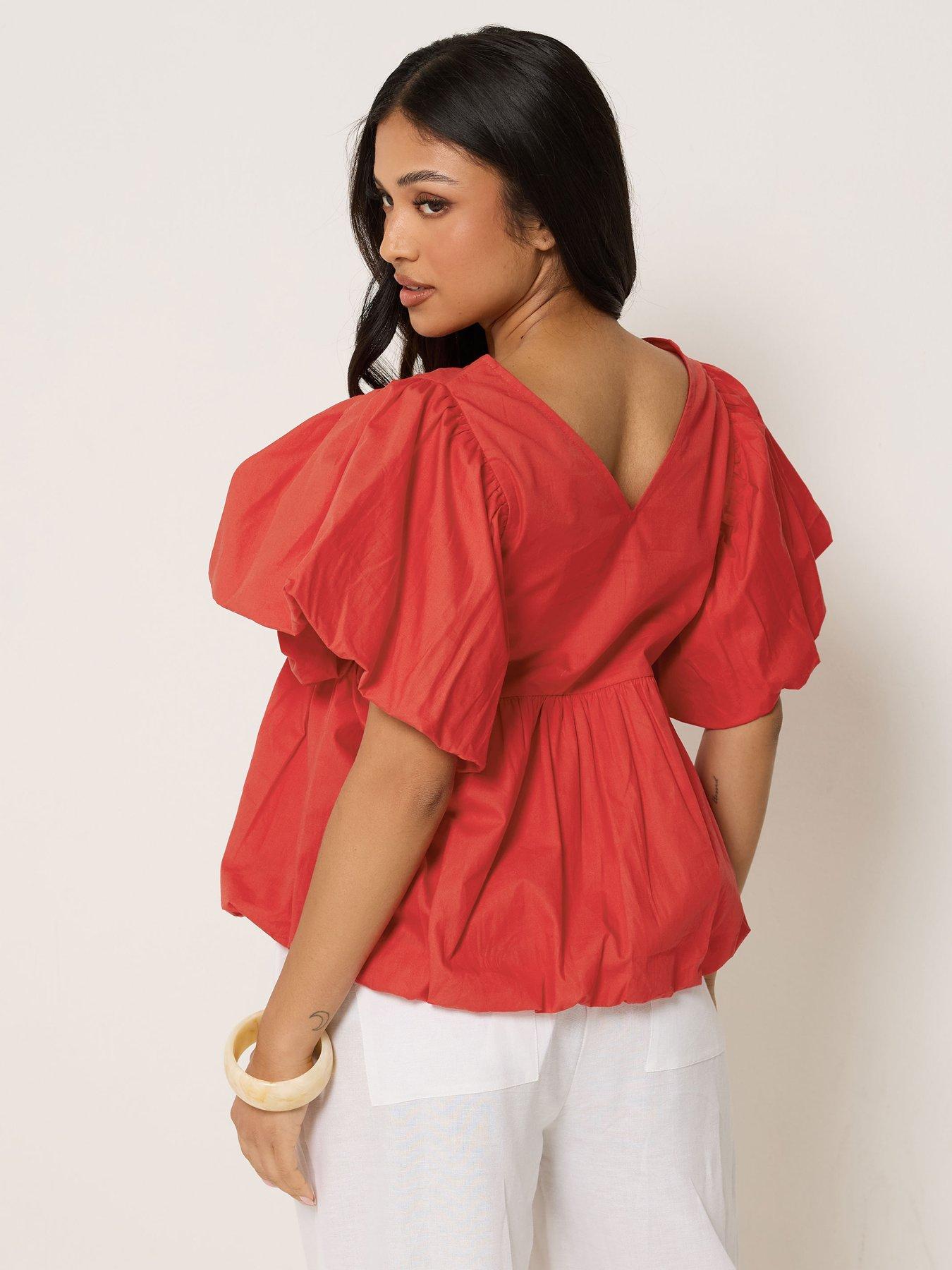 Image 2 of 4 of PixieGirl Petite Puff Sleeve Hem Top - Red
