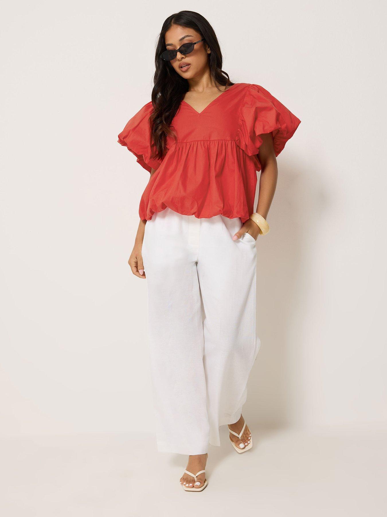 Image 3 of 4 of PixieGirl Petite Puff Sleeve Hem Top - Red