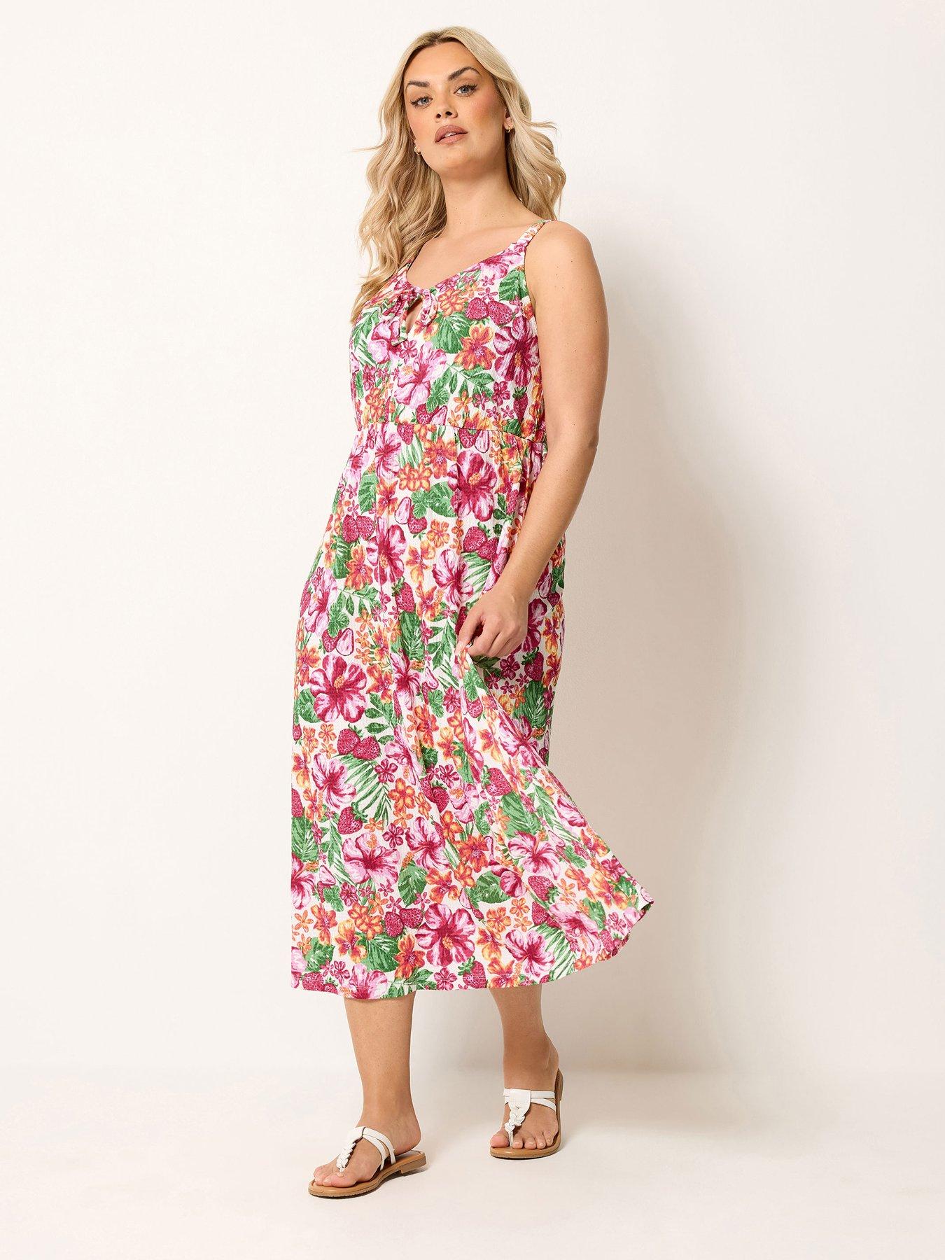 Yours Curve Floral Print Keyhole A-Line Dress - Pink