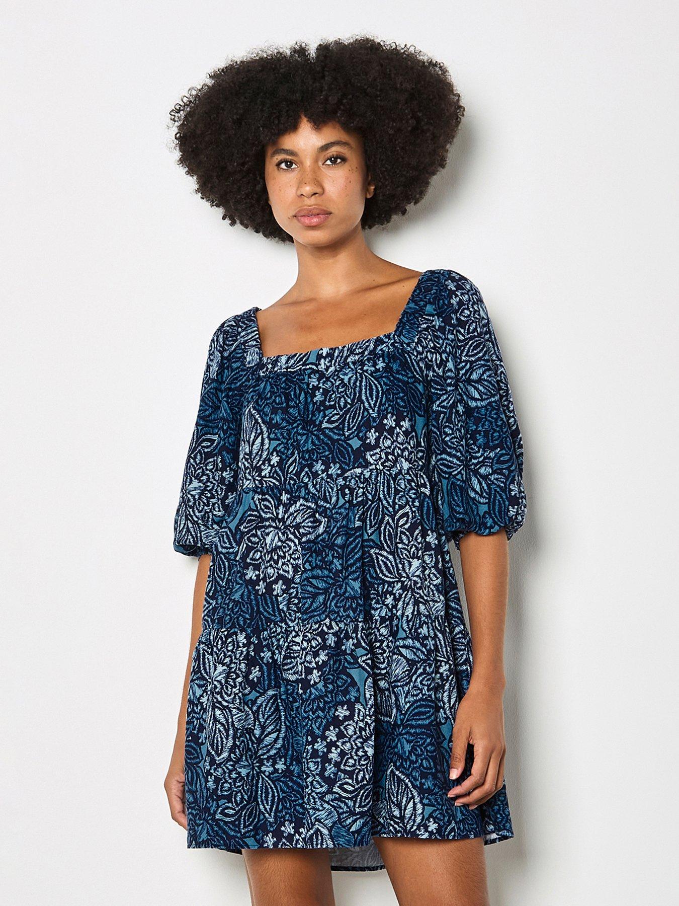 Apricot Floral Large Scale Tile Print Tiered Mini Dress - Blue