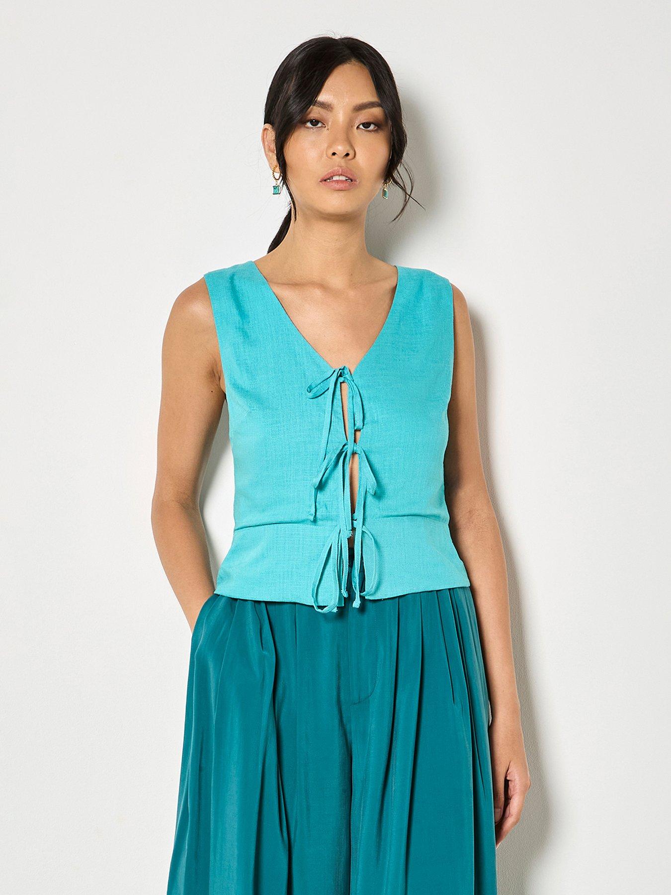 Image 1 of 4 of Apricot Tie Front Linen Blend Sleevleess Top - Blue