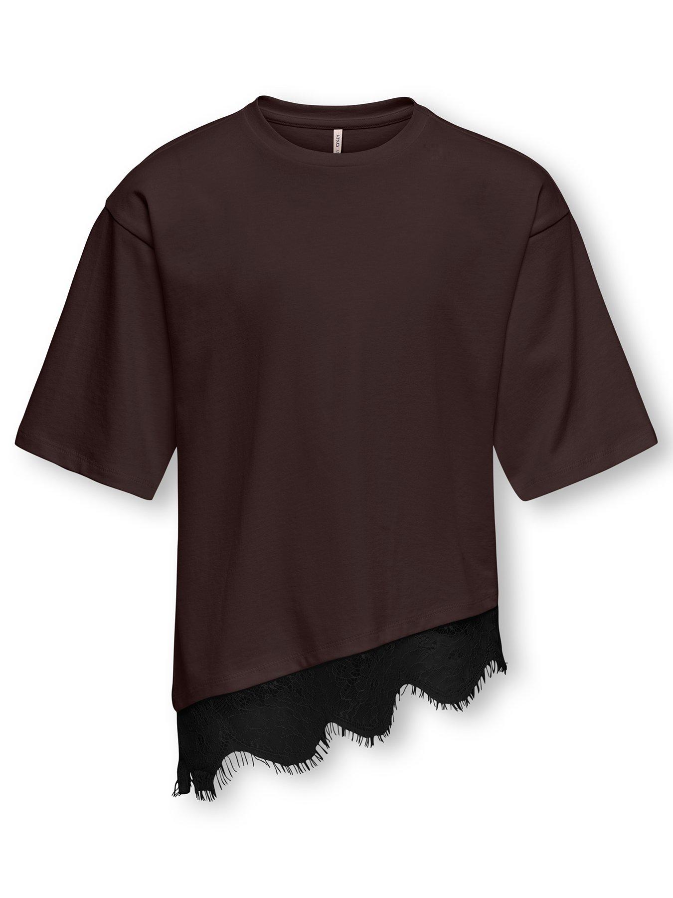 Only Kids Girls Asymmetric Lace T-shirt - Dark Brown