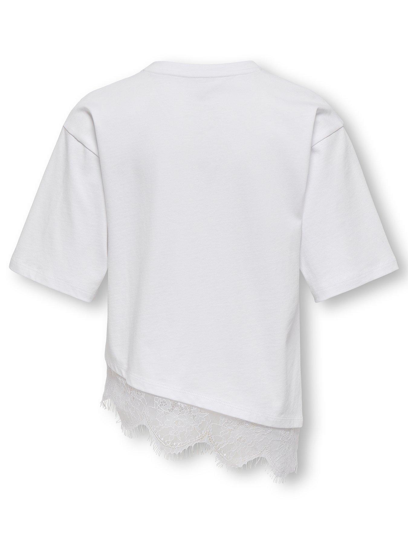 Image 2 of 3 of Only Kids Girls Asymmetric Lace T-shirt - White