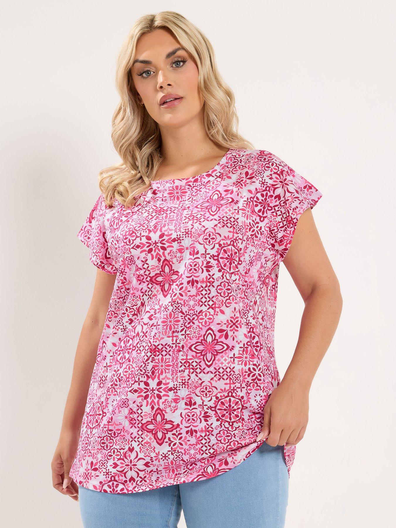 Image 1 of 4 of Yours Curve Tile Print Grown On Sleeve T-Shirt - Pink