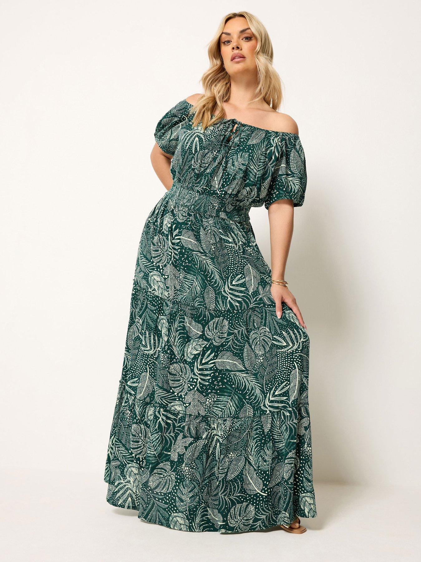 Yours Curve Printed Gypsy Bardot Maxi Dress - Green