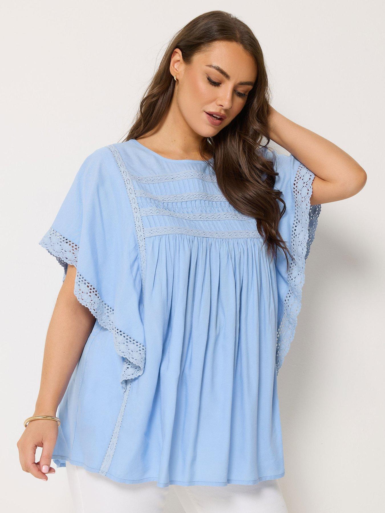 Yours Curve Crochet Drape Sleeve Blouse - Blue