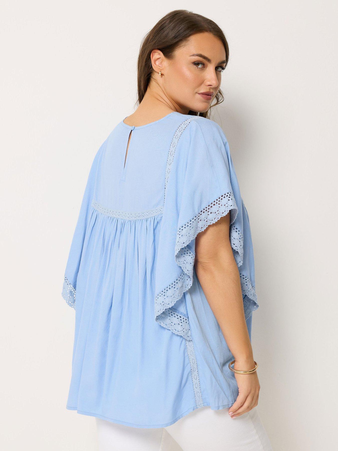 Image 2 of 4 of Yours Curve Crochet Drape Sleeve Blouse - Blue