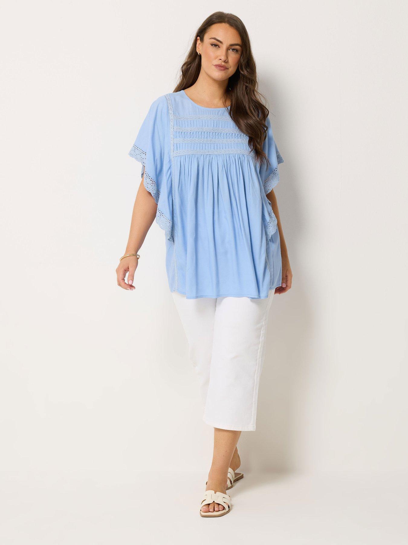 Image 3 of 4 of Yours Curve Crochet Drape Sleeve Blouse - Blue