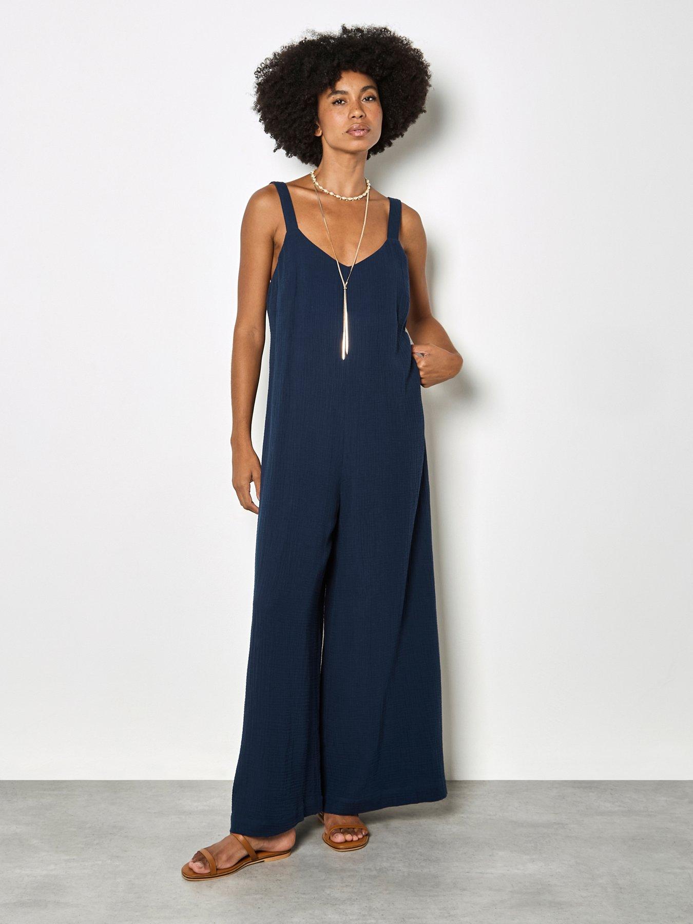 Image 1 of 4 of Apricot Double Weave Cotton Jumpsuit - Blue
