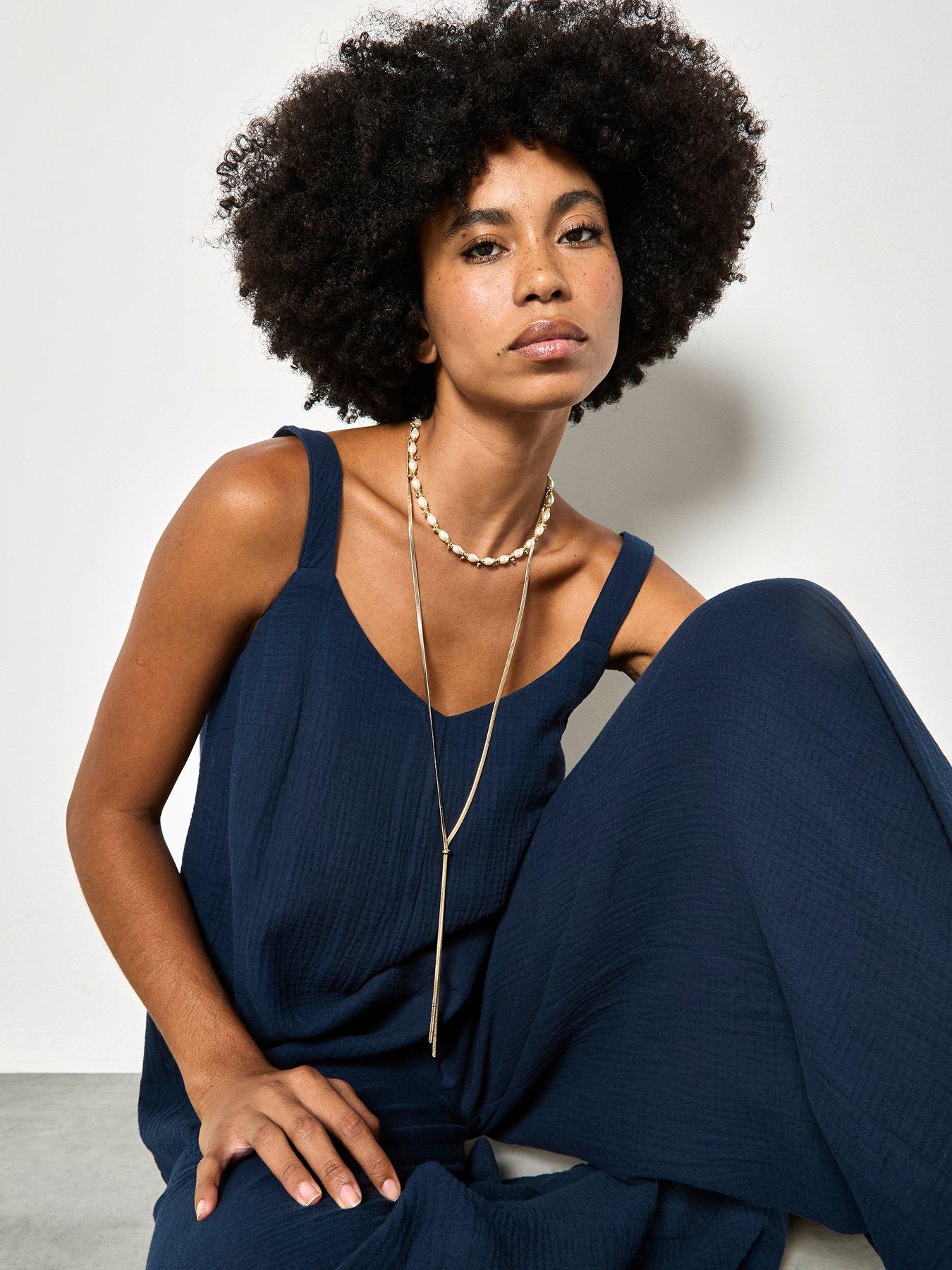 Image 3 of 4 of Apricot Double Weave Cotton Jumpsuit - Blue